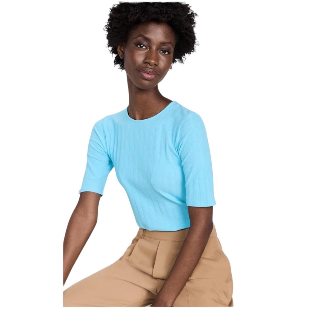 VINCE Blue Teal Short Sleeve Ribbed Knit Top Shirt